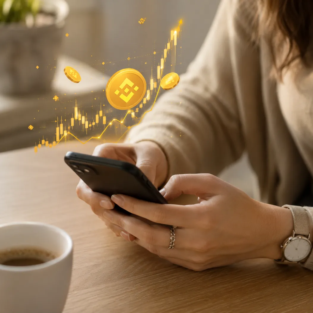 Person prüft ihr Krypto-Portfolio auf dem Smartphone mit Kursen von Bitcoin, Ethereum und Solana.