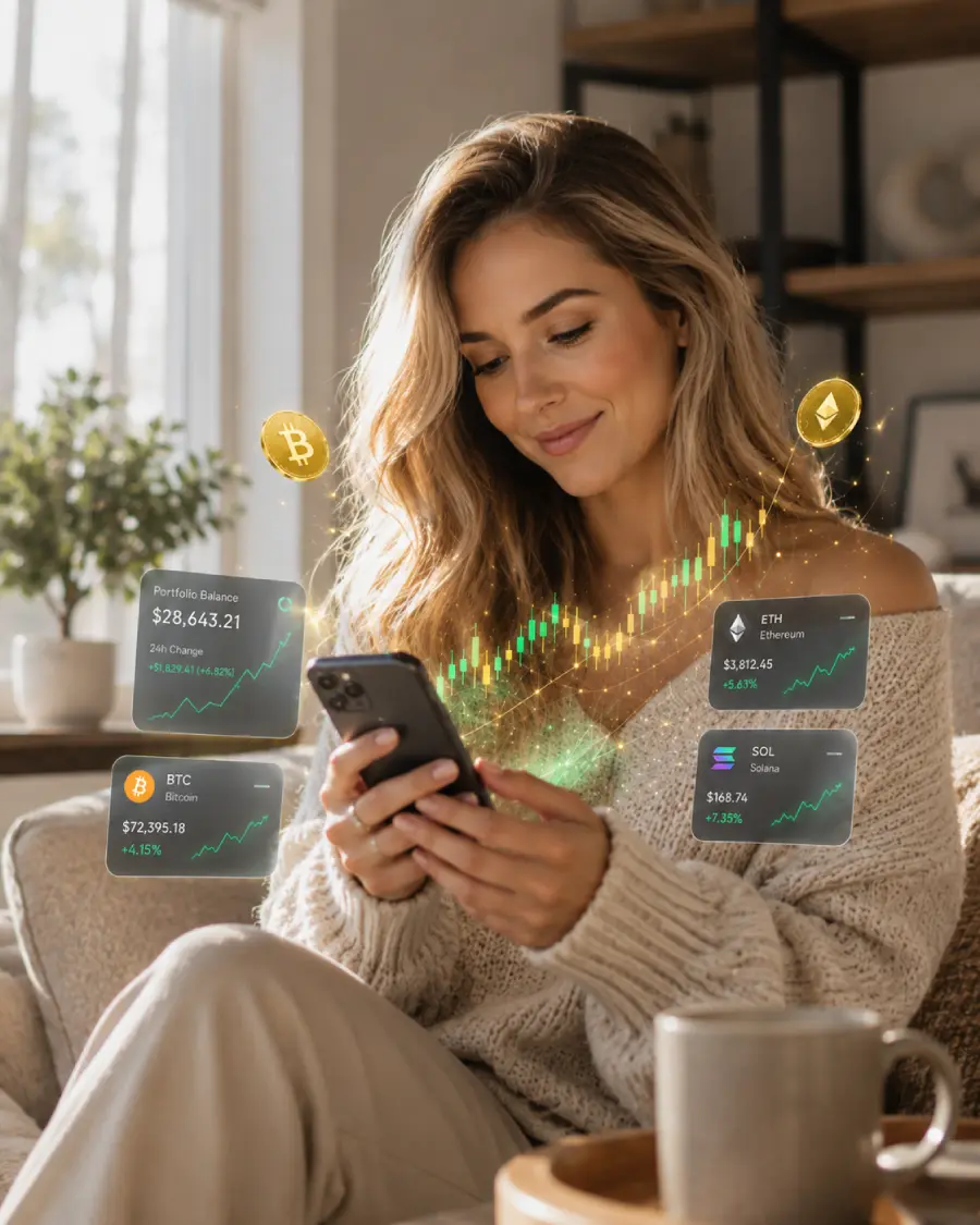 Frau nutzt ihr Smartphone und verfolgt Krypto-Investitionen mit steigenden Charts und Portfolio-Werten.